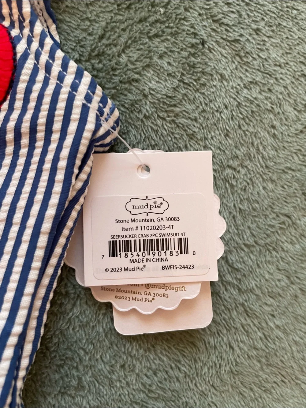 Mud Pie Navy & White Striped Swim topwith Red Crab and Coral Ruffle Collar